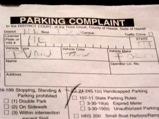 Parking Complaint. Handicapped parking違反にチェックが入っている